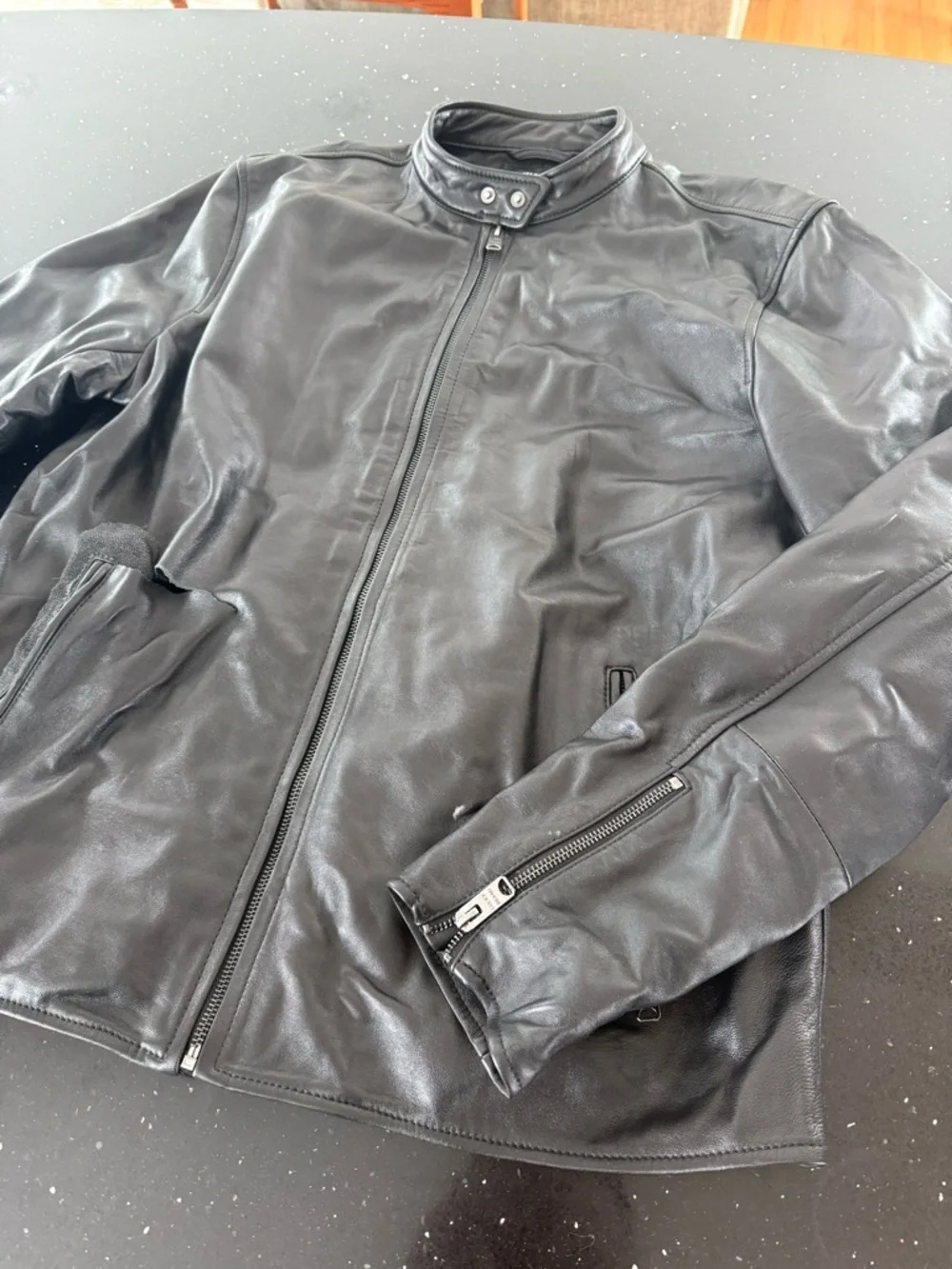 Men's Black Leather Bomber Jacket with Stand Collar *Flawed